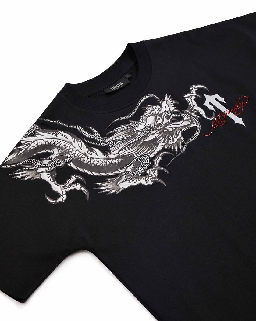 Trapstar London x Ed Hardy Dragon Tee with Diamanté Černé | TS-65231
