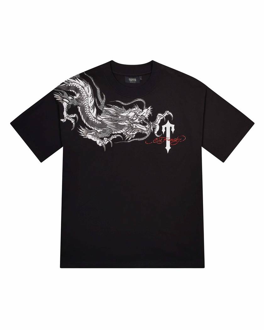 Trapstar London x Ed Hardy Dragon Tee with Diamanté Černé | TS-65231